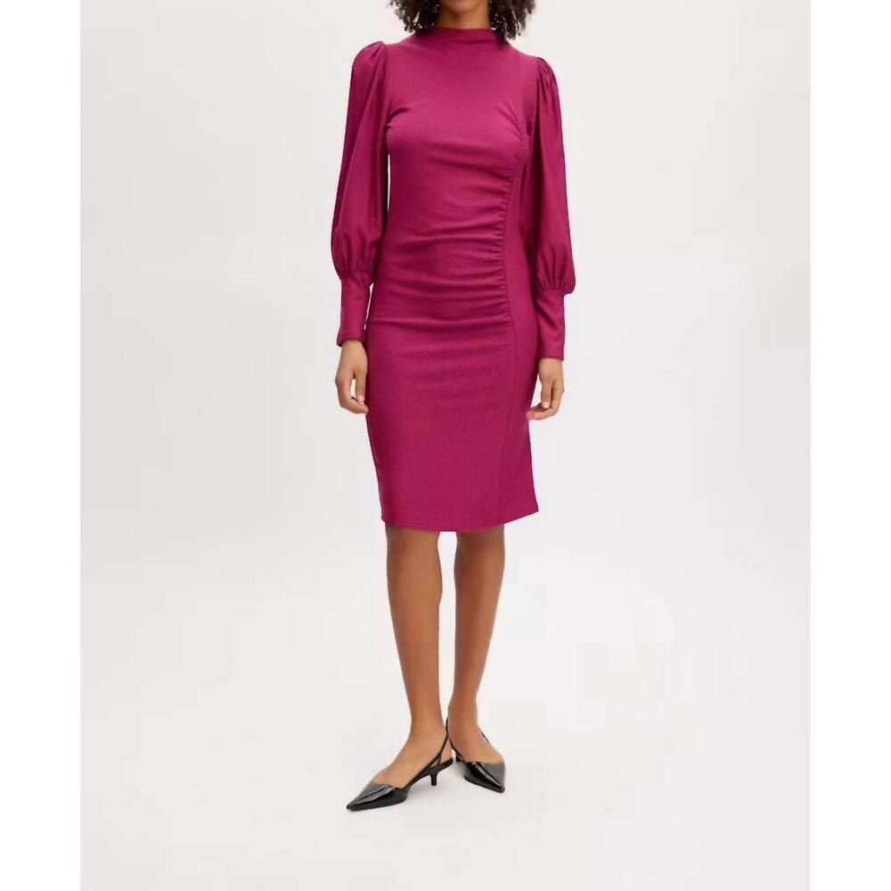 NEW GESTUZ rifagz puff fitted midi dress in fuschia